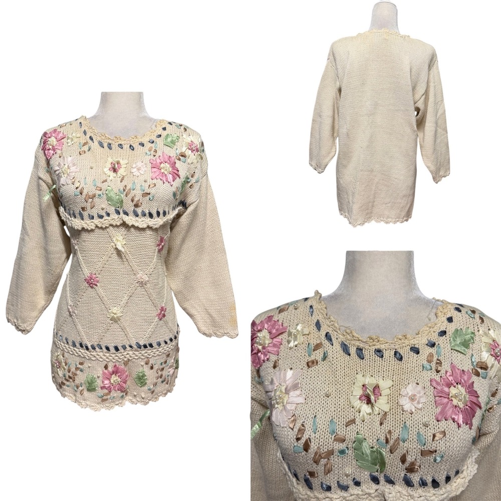 Vintage Womens Chunky Knit Sweater M Floral Victorian Grandmacore Cottagecore